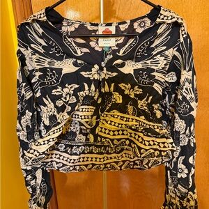 FARM Rio Black and Cream Bird Floral Blouse